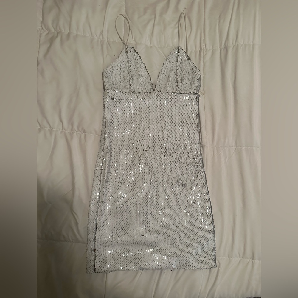 White and Silver Sequin Body Con Dress. Size small